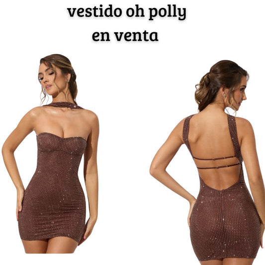 Vestido corto Oh Polly, marrón con brillos con espalda abierta.