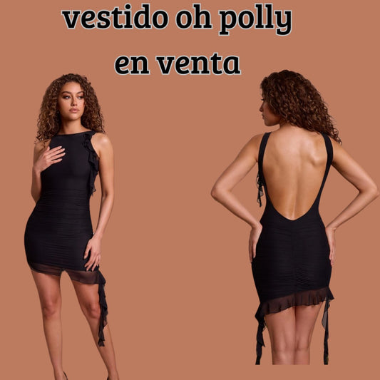 Vestido corto negro Oh Polly, con espalda abierta y lazos en los laterales de las piernas.